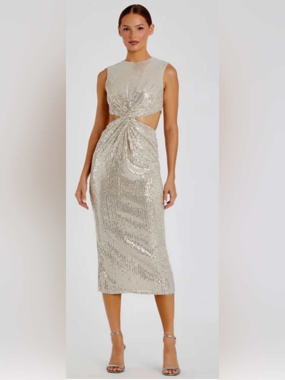 Ieena for Mac Duggal NWT Sequin Twist Cutout Midi Dress in Nude